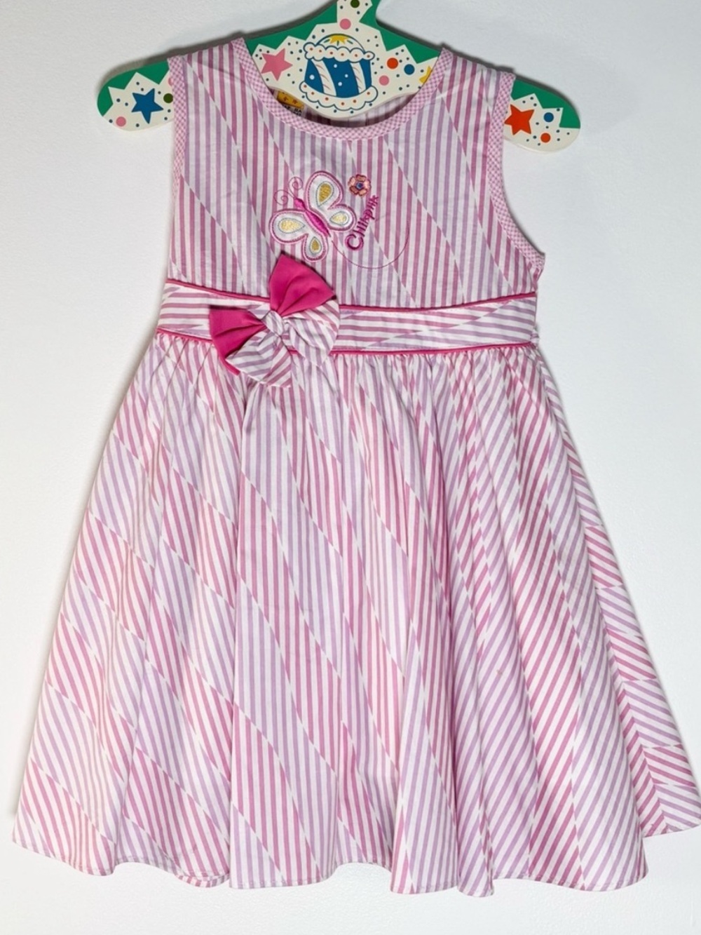 NWT Vintage Chiap Ha Pink White Striped Butterfly Embroidered Dress Bow 3/4T